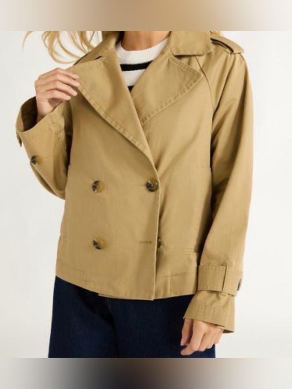 Women's Cropped Tan Trench Coat Jacket - Double-Breasted